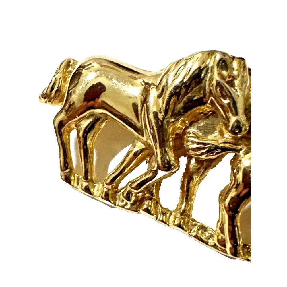 Vintage Horse Family Brooch Glossy Gold Tone Equestrian Statement Pin 2 1/2